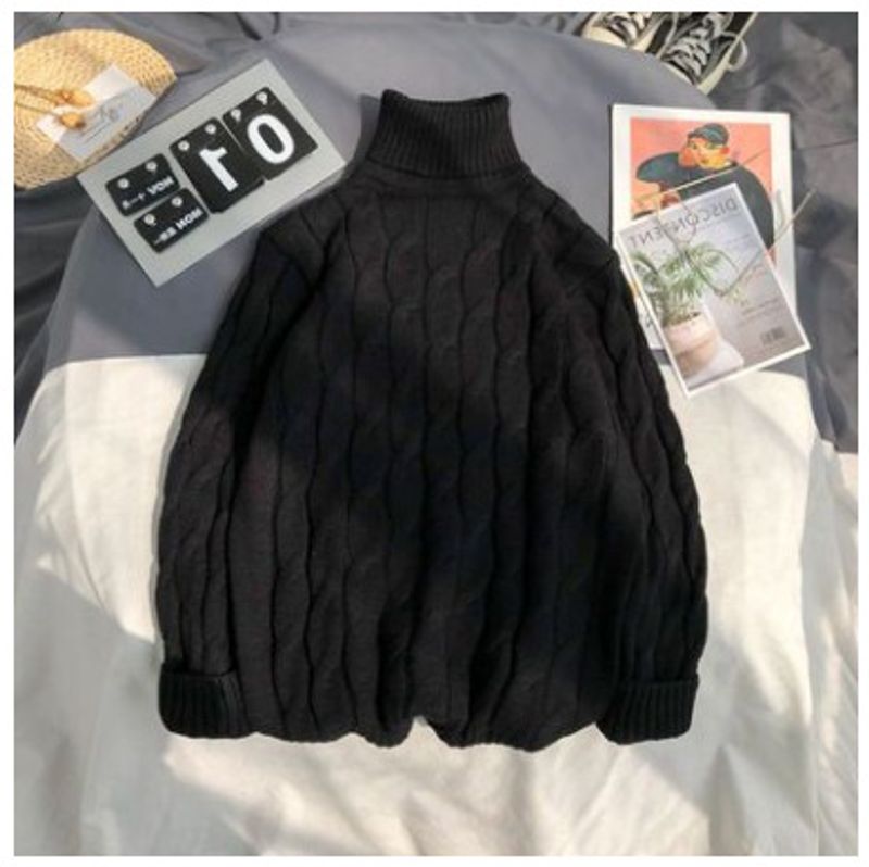 Abbigliamento maschile Maglione a trecce con collo alto tinta unita spesso da uomo, alla moda, per adolescenti, sottile, lavorato a maglia_voghion.com