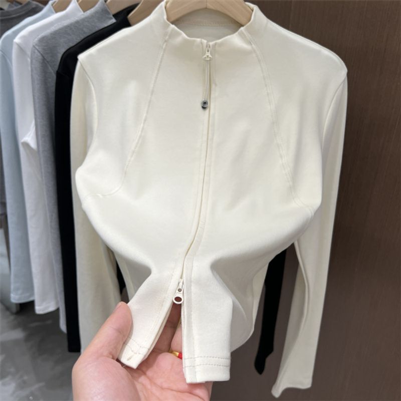 Blusa tipo túnica de manga larga con cuello alto y cremallera para mujer, de corte entallado e informal, con diseño de doble cremallera._voghion.com