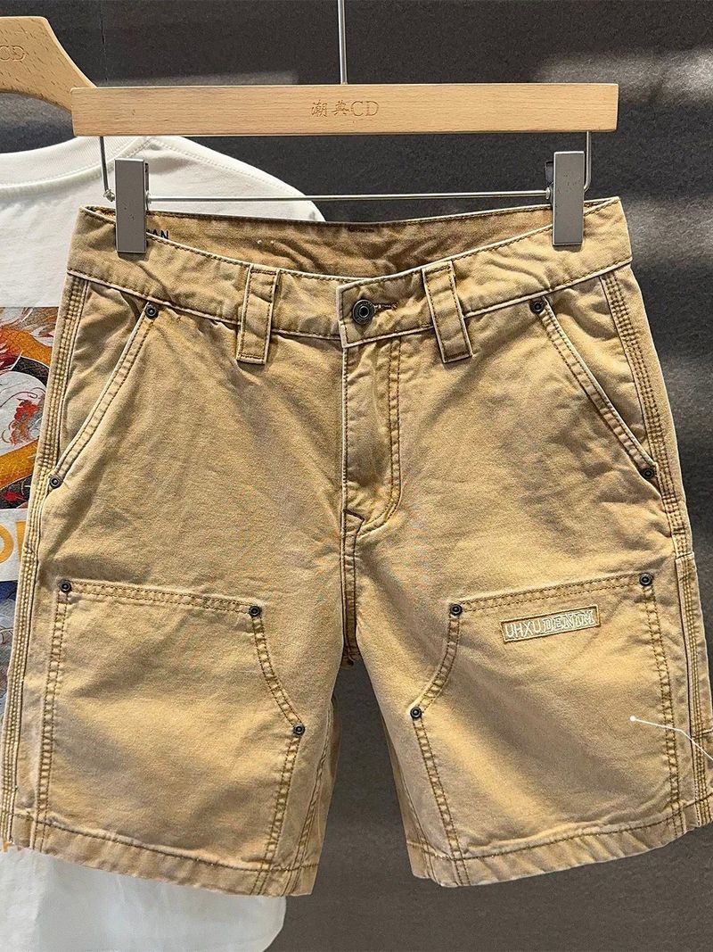 ​​Men's Casual Canvas Shorts - Relaxed Fit, Straight Leg, Light Brown, Fashion Patchwork, Multi-Pocket, Summer Breathable (Sizes 28-36)​​_voghion.com
