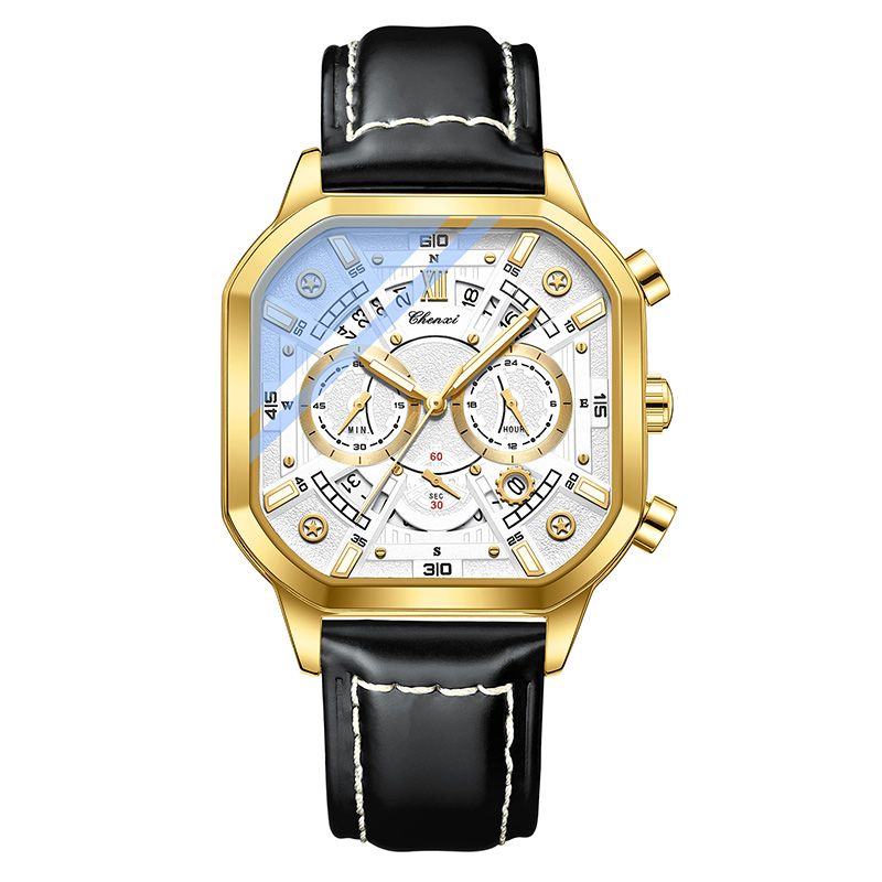 High Quality Multifunctional Watches For Man Golden Case Octagonal Dial Leather Strap Quartz Wristwatches Clock Gifts_voghion.com
