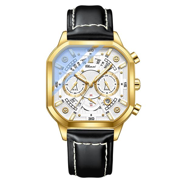 High Quality Multifunctional Watches For Man Golden Case Octagonal Dial Leather Strap Quartz Wristwatches Clock Gifts_voghion.com