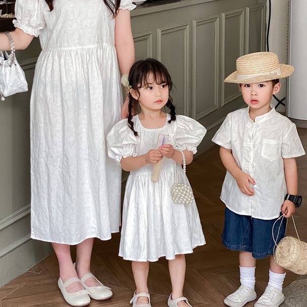 Mor og barn sommerkjole med korte ermer 2024 ny stil familie på tre eller fire kinesisk stil med knapper mor og barn mor og datter kjole_voghion.com