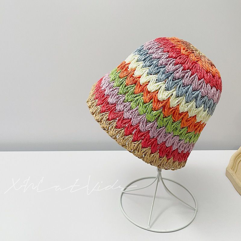 Summer Eye-catching Fried Street Papyrus Basin Hat Women's Trendy Thin Retro Bucket Hat Women's Color Matching Straw Hat_voghion.com
