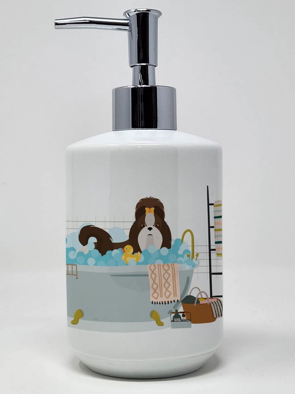Liver and White Shih Tzu Ceramic Soap Dispenser Hand Soap Dispenser Pump Bottles for Bathroom Kitchen, Empty Refillable Liquid Soap Container_voghion.com
