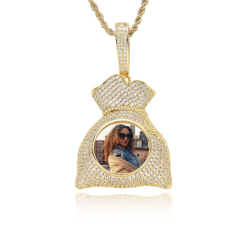 Unisex Hip Hop Photo Pendant Copper Inlaid Zircon Purse Shape Photo Frame Necklace Personality Chain Creative DIY Necklace_voghion.com