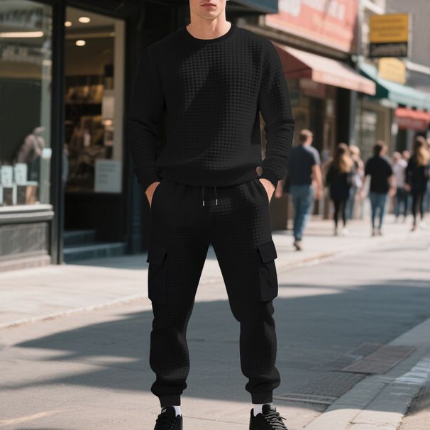 Herren-Jacquard-Sweatshirtanzug – Locker sitzendes, lässiges Arbeitskleidungsset (Schwarz/Weiß/Armeegrün, M-XXXL)_voghion.com