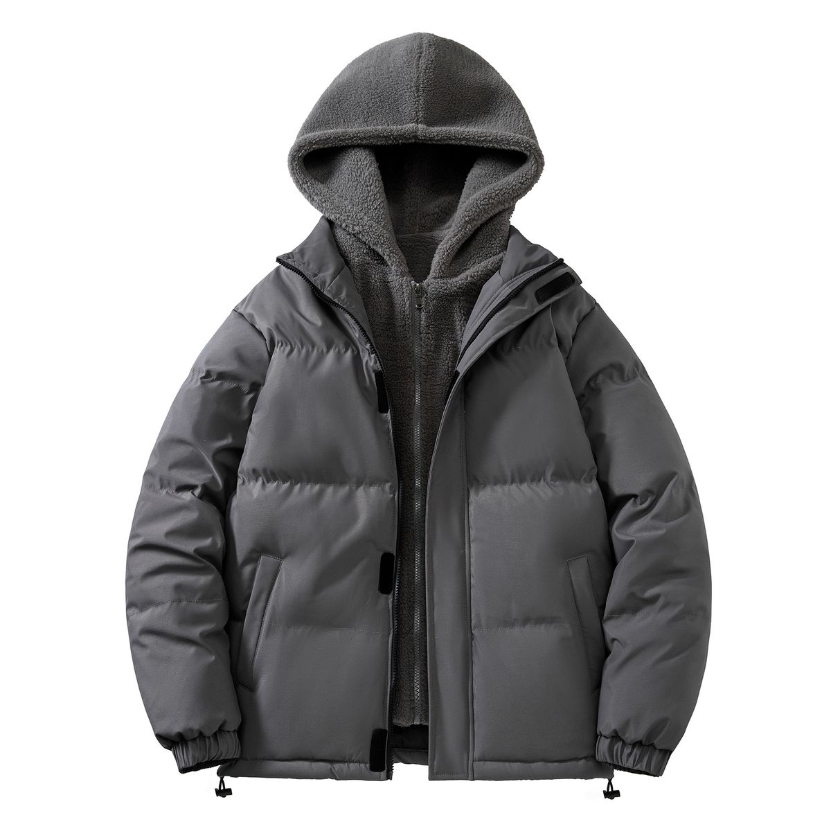 Herren-Winterjacke mit Fleecefutter und Kapuze – zweifarbiges Design, lockere Passform, dicker, warmer Mantel für kaltes Wetter (Schwarz, Khaki, Grau)_voghion.com