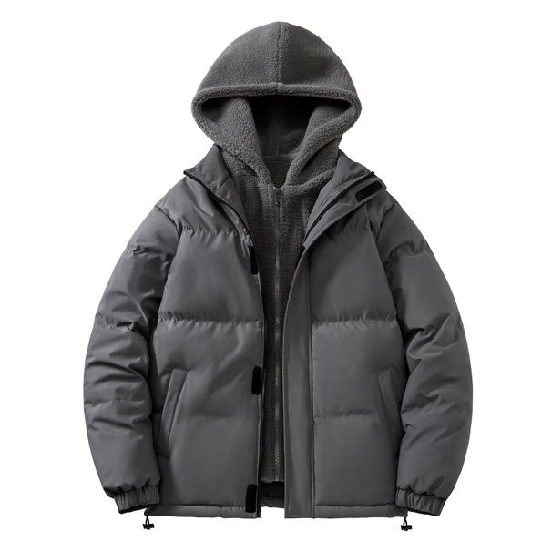 Herren-Winterjacke mit Fleecefutter und Kapuze – zweifarbiges Design, lockere Passform, dicker, warmer Mantel für kaltes Wetter (Schwarz, Khaki, Grau)_voghion.com