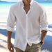 Men's Linen Button Up Beach Shirt, Long Sleeved Plain Collar, Spring And Summer Casual Daily Clothing_voghion.com
