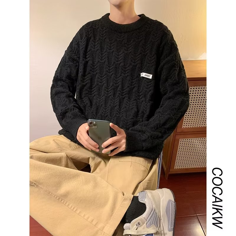 C twist sweater men's autumn and winter thick tide boys lazy style high-end loose retro sweater_voghion.com