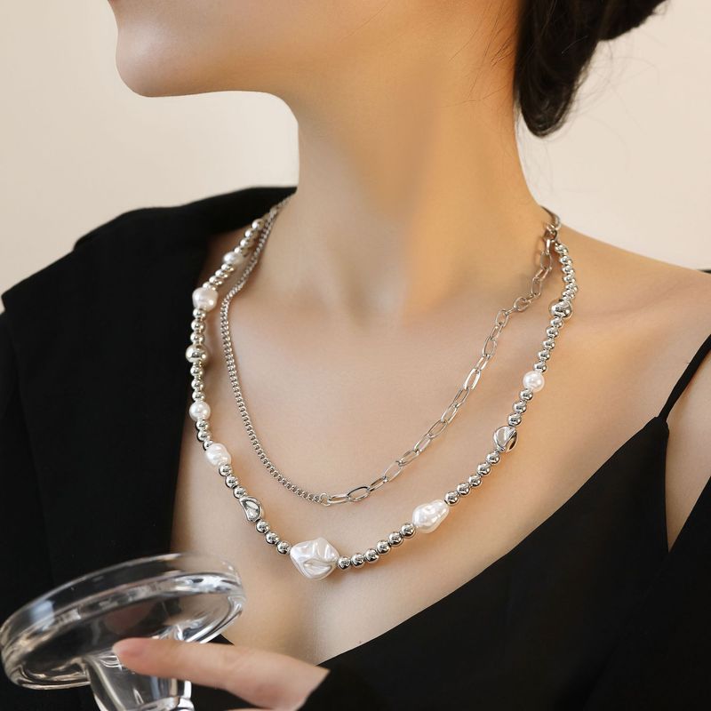French Retro Geometric Pearl Silver Necklace For Women Korean Niche Design Personality Simple Versatile Temperament Necklace_voghion.com