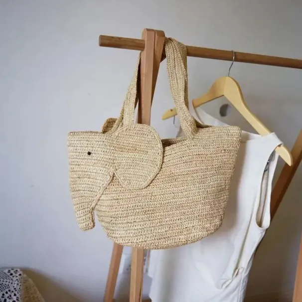 Borsa a mano all'uncinetto Lafite a forma di elefante, borsa a tracolla da donna per le vacanze in spiaggia, borsa estiva intrecciata in erba_voghion.com