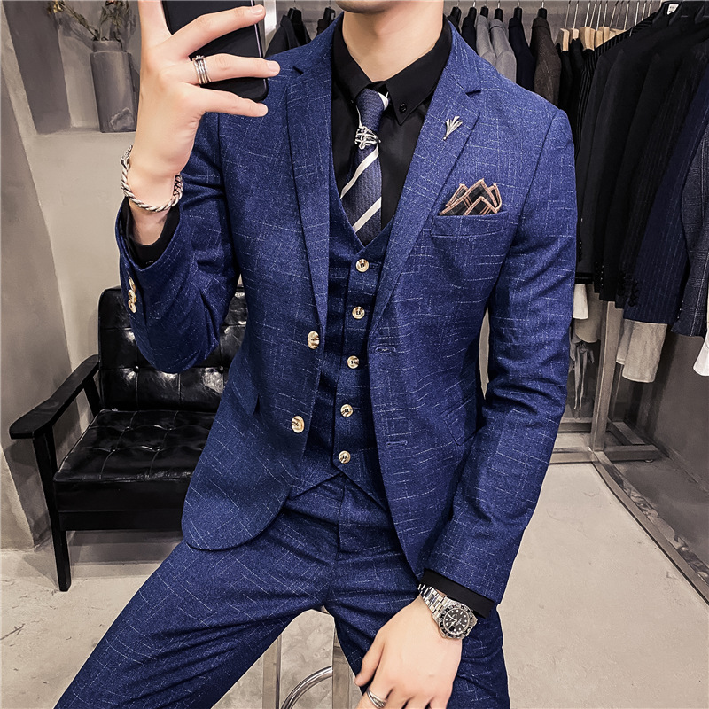 Costume trois pièces pour hommes, coupe slim, motif foncé, costume à deux boutons, style printemps et automne, costume pour hommes, gilet et pantalon_voghion.com