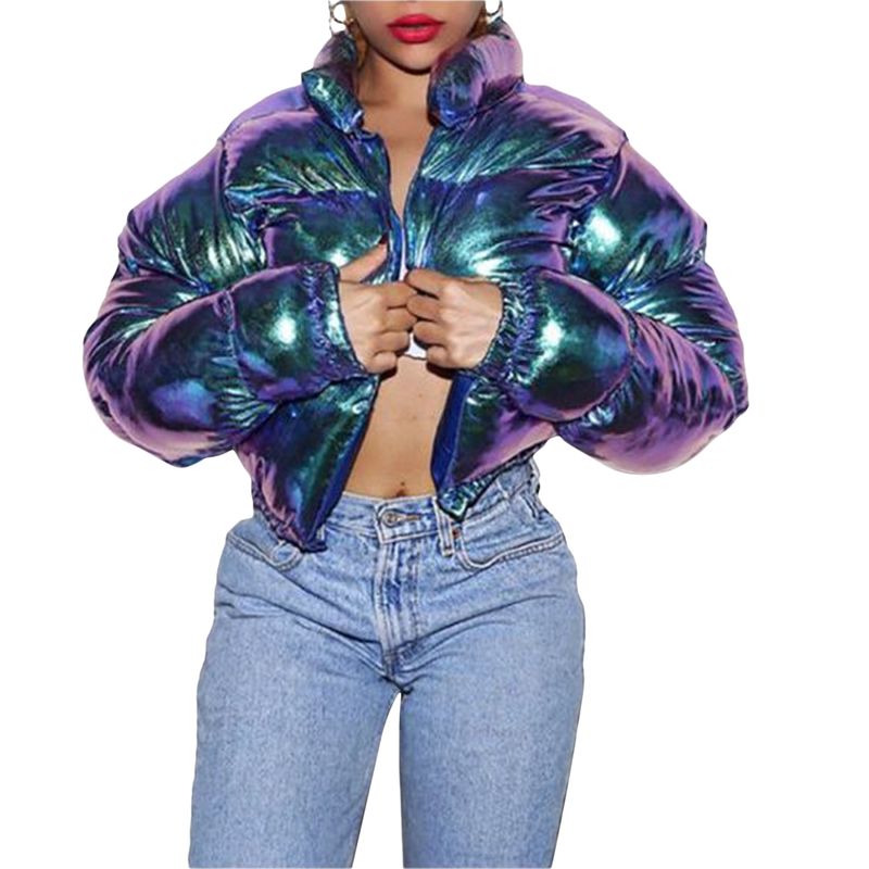 Women Winter Warm Puffer Jackets Fashion Parkas Stand Collar Zipper Front Cropped Coat Long Sleeve Lightweight Bubble_voghion.com