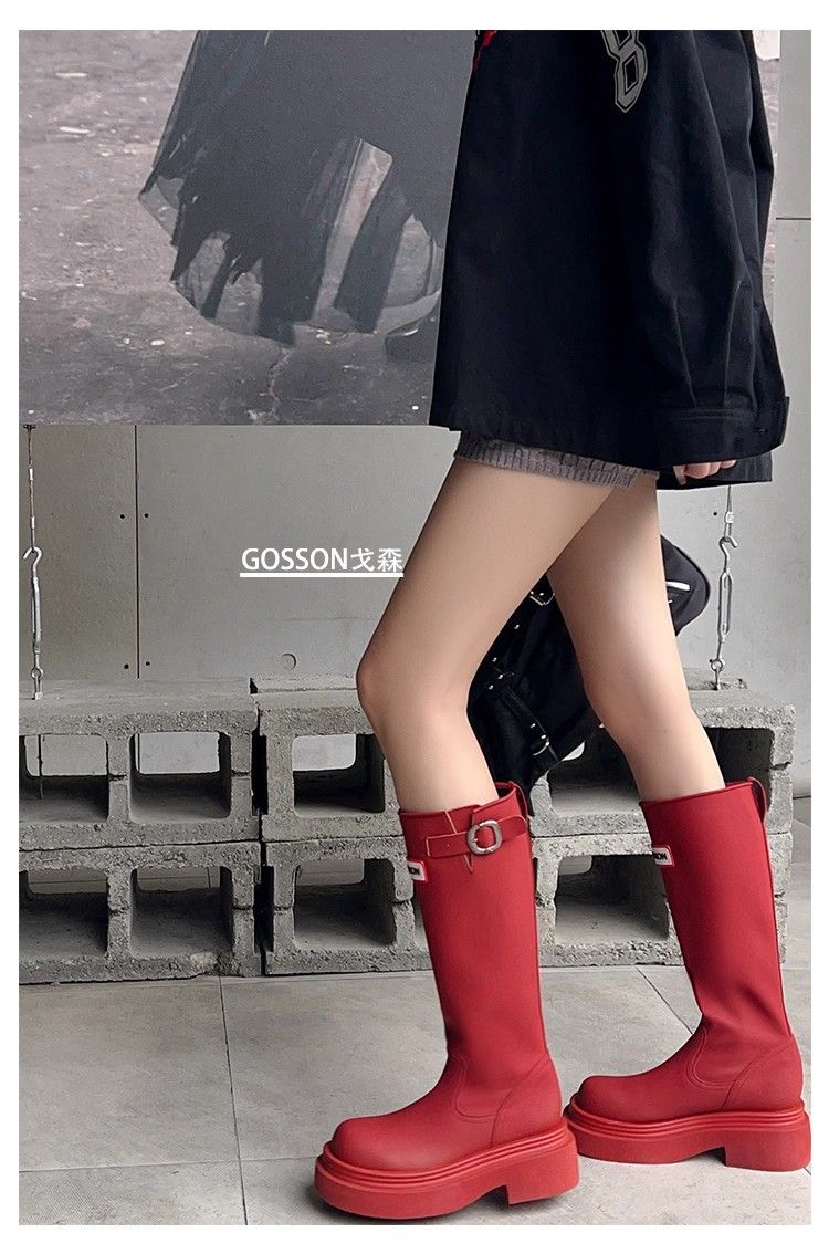 Vollrindleder ~ Yi Mengling Same British Knight für Frauen 2025 Neuer Stil Slip-On Chunky Heel Lange wasserdichte Regenstiefel_voghion.com