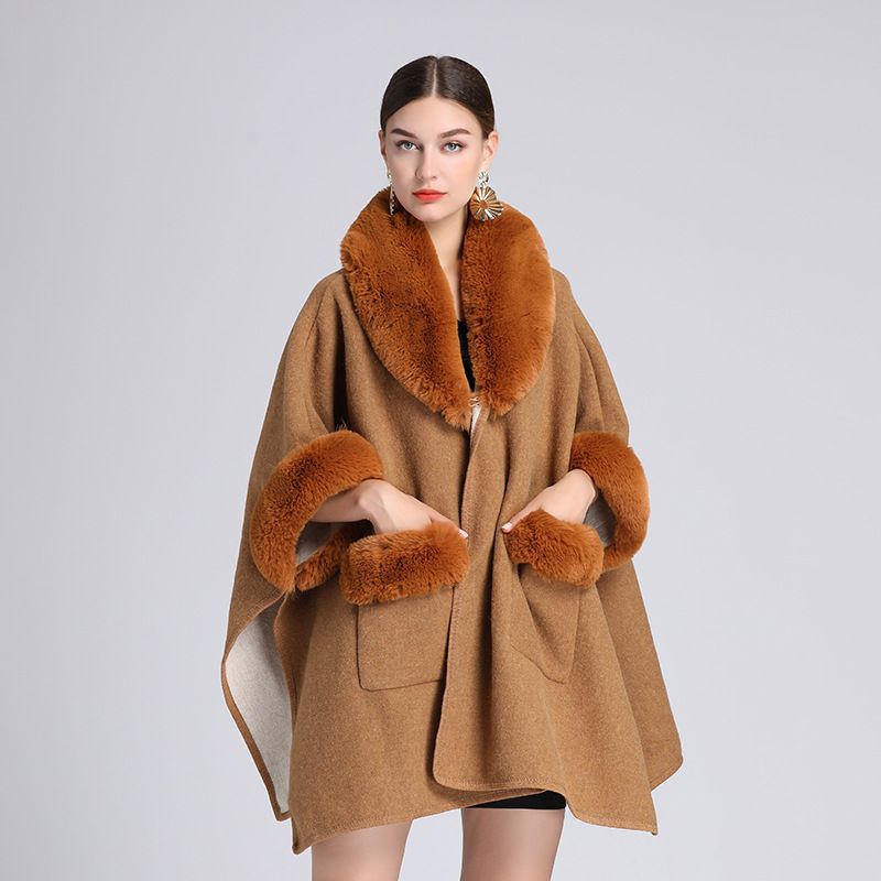 Women's imitation Rex rabbit collar cape cape large size knitted cardigan loose woolen coat_voghion.com