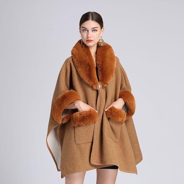Women's imitation Rex rabbit collar cape cape large size knitted cardigan loose woolen coat_voghion.com