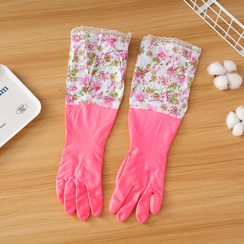 PVC Dishwashing Gloves – Extra Thick, Waterproof & Elastic Cuff (48cm Long, Floral Print, Random Color, 1 Pair) – Household Cleaning & Laundry Gloves​_voghion.com