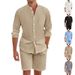 Ανδρικά Ρούχα Λινό Πουκάμισο με Κουμπιά Μακρυμάνικο Σορτς Ζακέτα Casual Loose Ολόσωμο Κοστούμι Παραλίας_voghion.com
