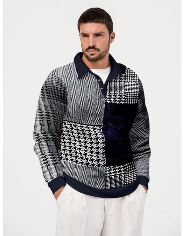 Nuovo pullover casual con risvolto e stampa digitale da uomo polo_voghion.com
