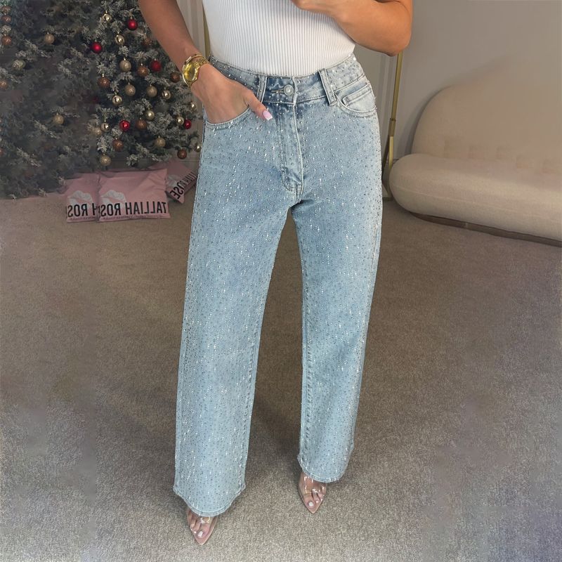 Vêtements pour femmes Street Style Design Full Diamond Straight Jeans Femmes Printemps Et Été Style Taille Haute Pantalon Polyvalent Denim Femme_voghion.com