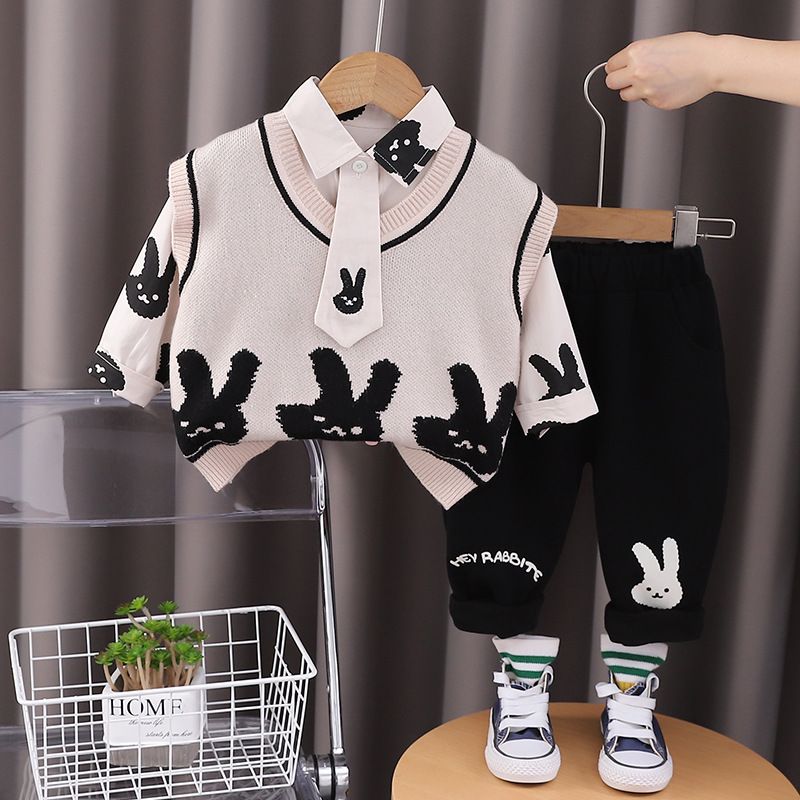Chaleco de punto de tres piezas para niños, niñas y bebés, nuevo y elegante conjunto de otoño 2024, conjunto de dibujos animados_voghion.com