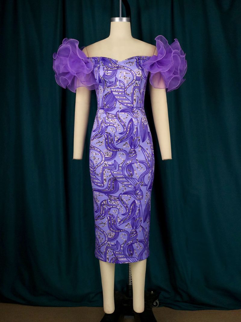 Damenbekleidung Mesh-Ärmel Nähte Bedruckter Hüftrock Mittellanger Rock Party Abendkleid_voghion.com