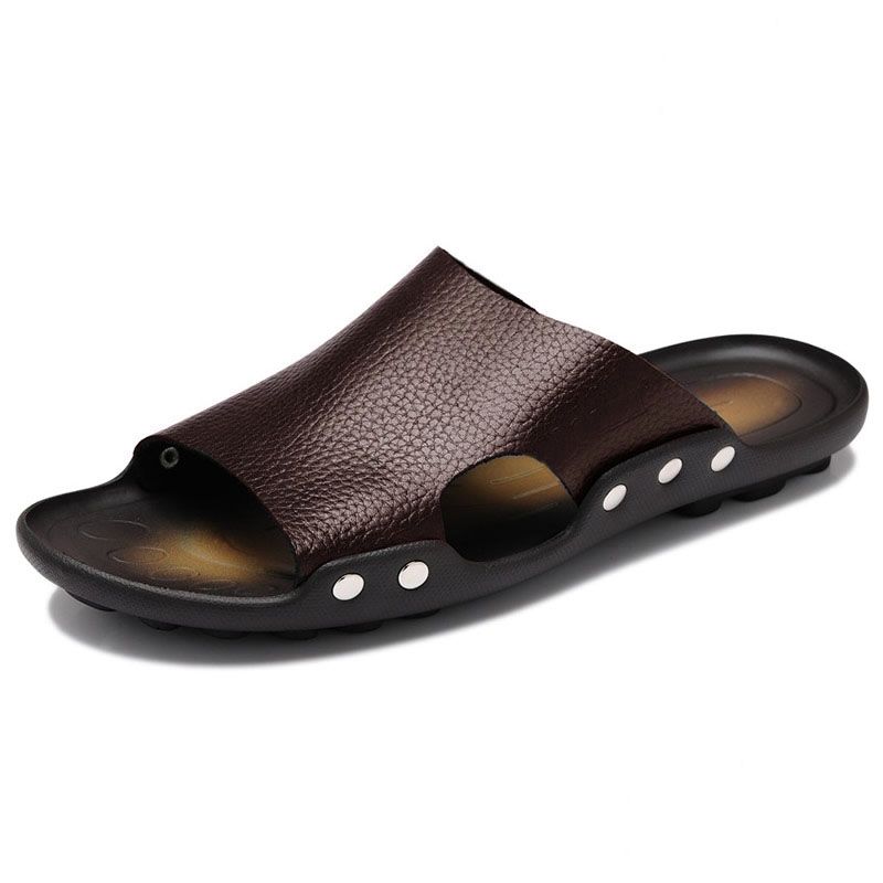 Chinelos masculinos de couro legítimo da moda para o verão_voghion.com