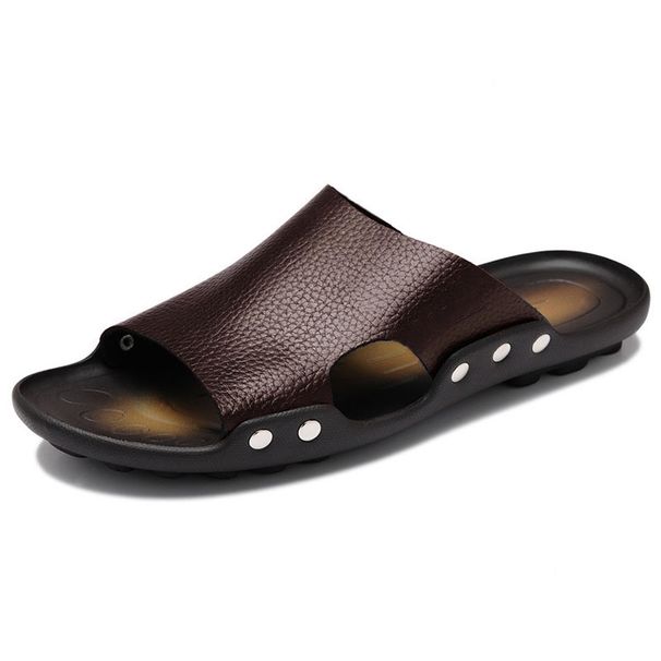 Chinelos masculinos de couro legítimo da moda para o verão_voghion.com