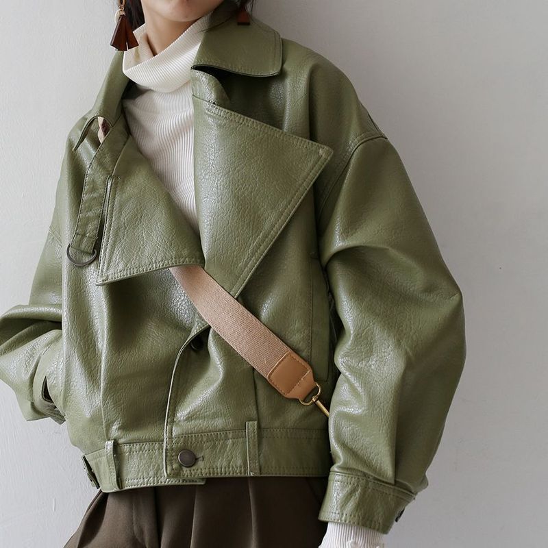 Giacca corta da donna in pelle PU BF stile coreano autunno inverno 2024 verde avocado_voghion.com
