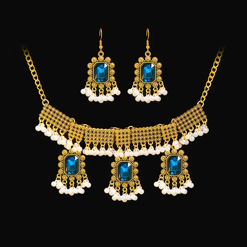 Ensemble de bijoux pour femmes Ensemble de boucles d'oreilles et collier en métal tendance avec perles et gouttes d'eau Bijoux exagérés_voghion.com