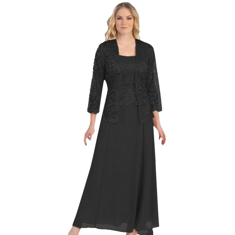Damenmode zweiteilige Spitze Strickjacke Chiffon langes Kleid große Größe_voghion.com