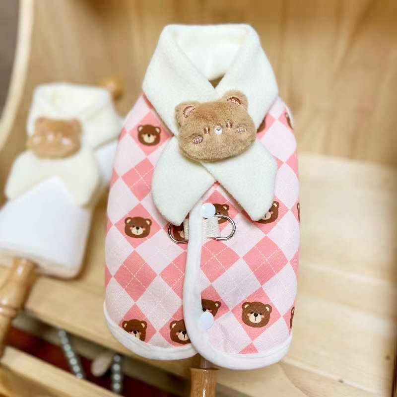 Vestiti per cani e gatti autunno inverno con motivo a rombi, cappotto in cotone con sciarpa, gilet per animali domestici, foderato in pile, con guinzaglio, cavallo_voghion.com