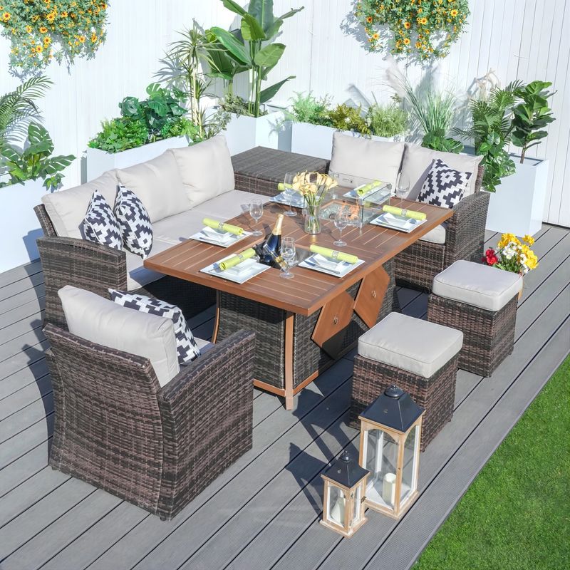 Direct Wicker 7 PCS Patio Conversational Sofa Set With Gas Firepit and Ice Container Dining Table_voghion.com