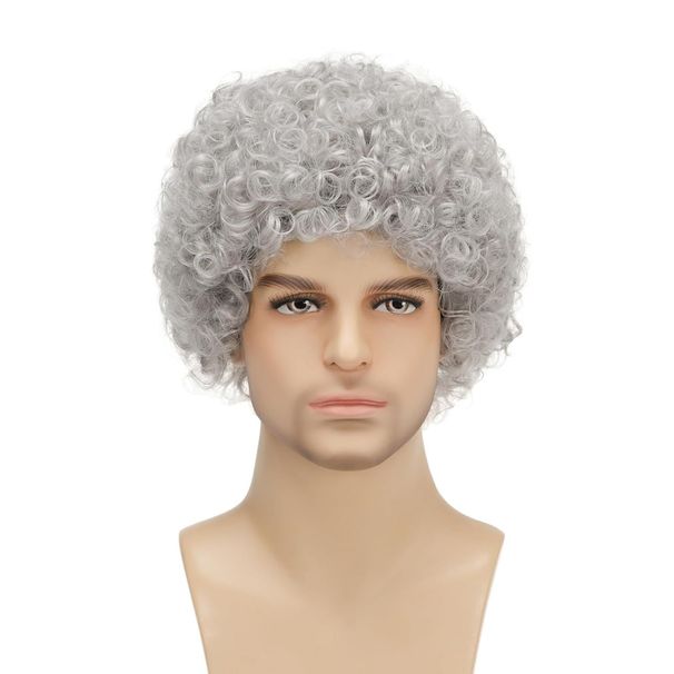 Perruques synthétiques à clips pour hommes, cheveux courts et bouclés, gris, petite coiffure bouclée, perruque duveteuse pour Halloween, cosplay_voghion.com