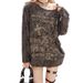 Wasteland Style Off-Shoulder Hot Girl Printed Blouse Top For Women, Distressed Loose-Fit Lazy Long-Sleeve T-Shirt,_voghion.com