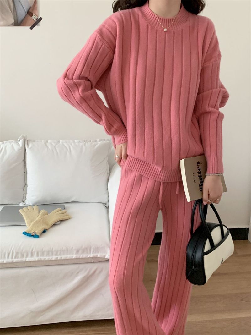 Completo maglione lavorato a maglia e pantaloni a gamba larga taglie forti - Pullover morbido a coste e pantaloni da salotto fluidi, completo comodo oversize per donna_voghion.com