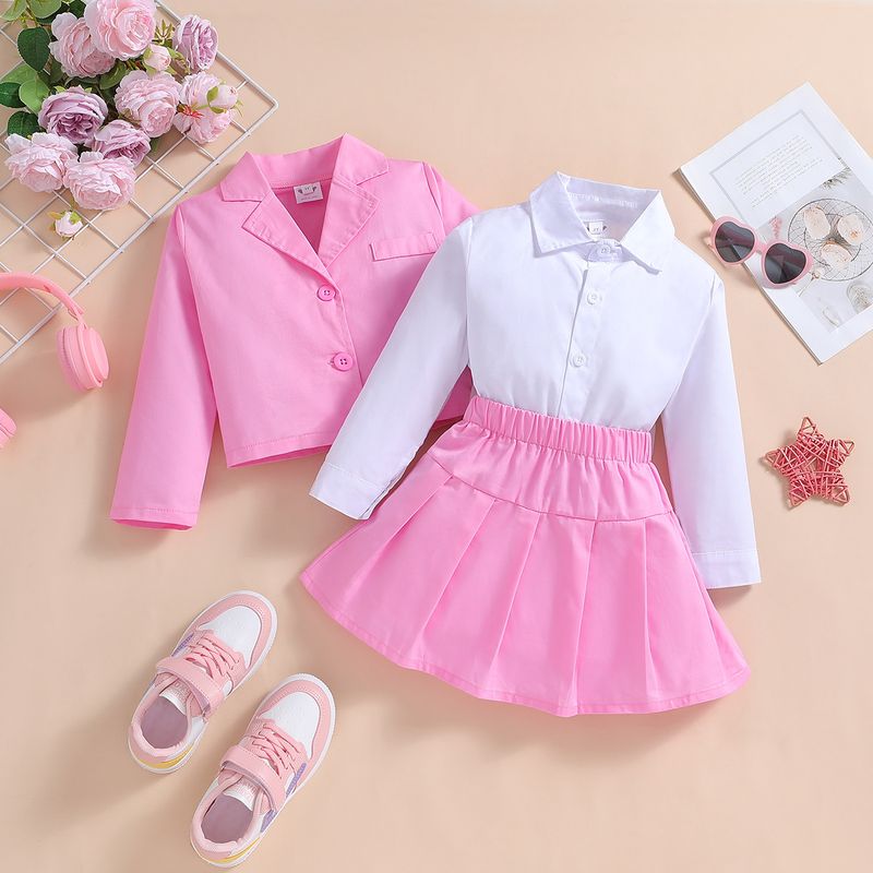 Children's clothing 2024 autumn new girls' long sleeved suit jacket shirt pleated skirt fashionable three piece set_voghion.com