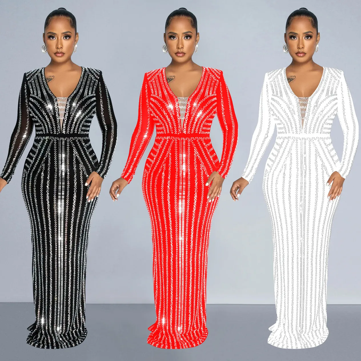 Women's Clothing fashion women's solid color hot diamond long-sleeved slit long skirt dress_voghion.com