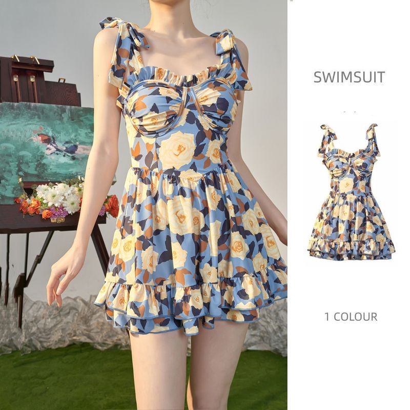 One-Piece Swimsuit For Women, French Print, Slimming, Covering, With Boyshorts, Hot Spring Bathing Suit, High-End_voghion.com