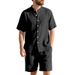 American Hawaiian Summer Men's Linen Loose Henry Collar Beach Short Sleeve Shorts Shirt Set_voghion.com