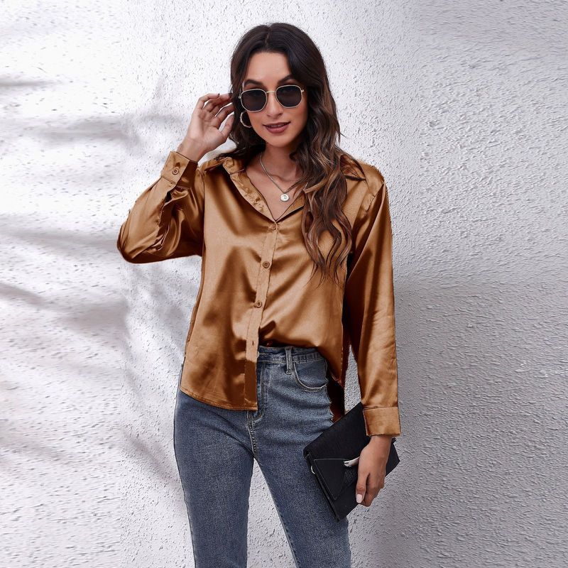 Camicia a maniche lunghe in raso di seta da donna, nuova_voghion.com