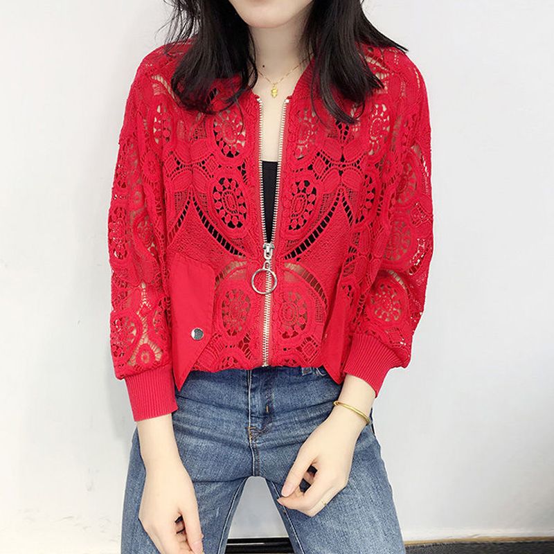 Women Long Sleeve Lace Embroidery Hollow Out Jacket Korean Fashion Short Outwear White Bomber Women Sunproof Coat Tops_voghion.com