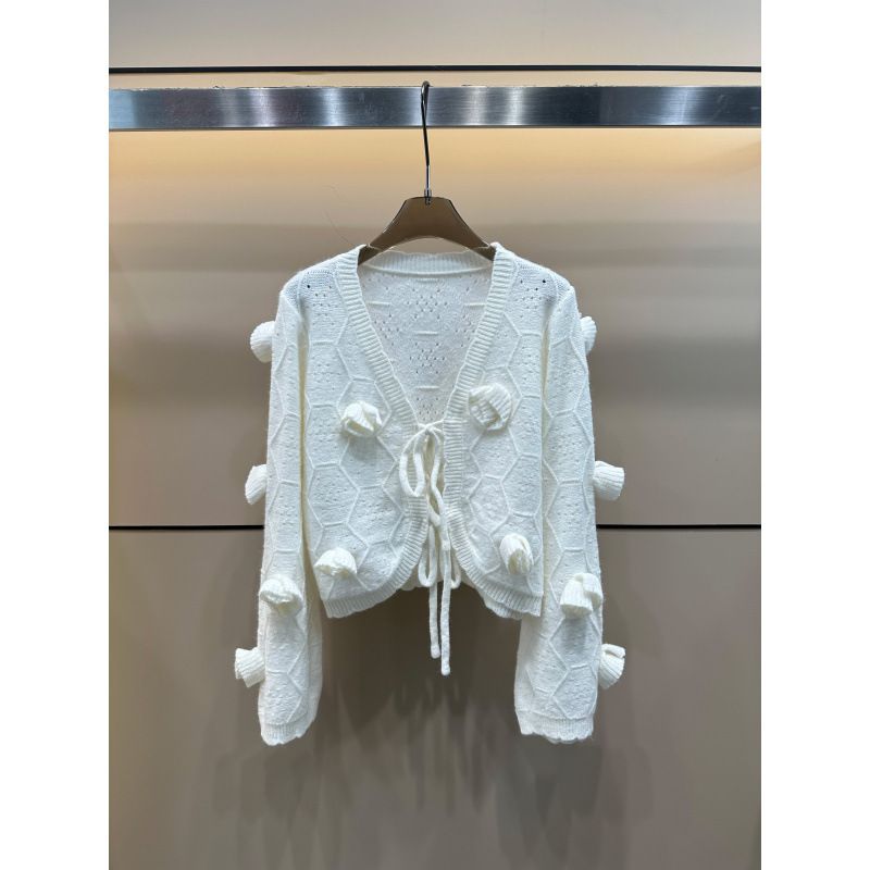 2025 Early Autumn New Xiangjia Diamond Pattern Three-Dimensional Flower Tie Long Sleeve Cardigan Loose Versatile Women's_voghion.com