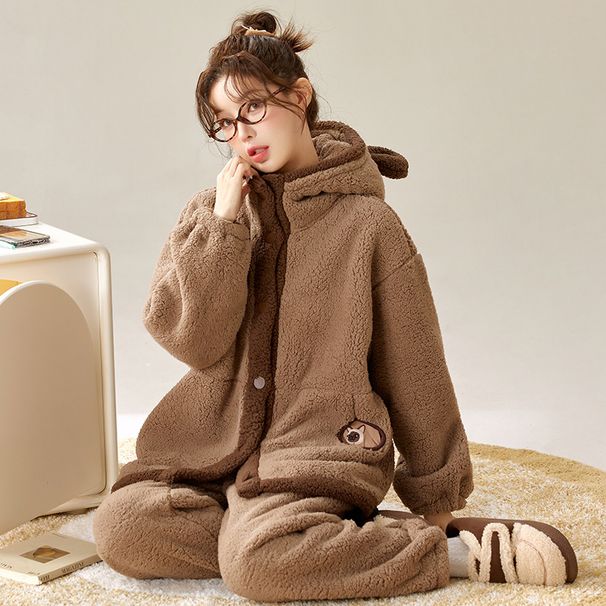 Herfst- en winterlamwollen thermische pyjama's voor dames, thermisch verdikt en losse loungewearset met capuchon_voghion.com