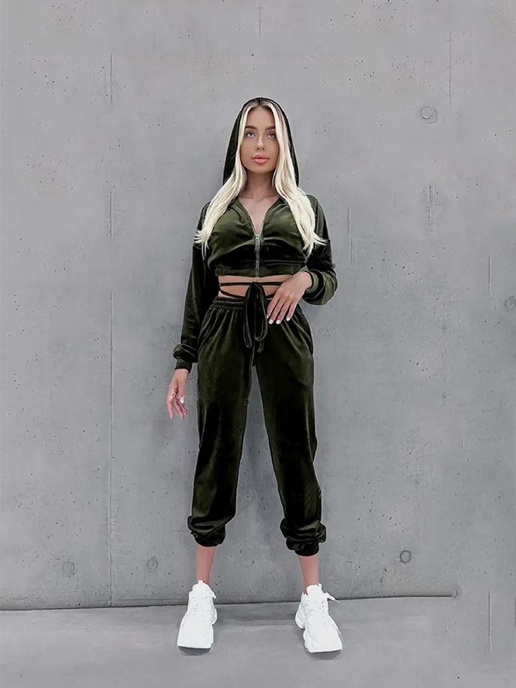 Women's Clothing Casual Zip-Up Hoodie & Jogger Set - Solid Color Streetwear Two-Piece Outfit With Drawstring & Elastic Waistband (Army Green)_voghion.com