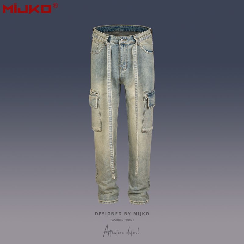 Herren- und Damen-Urban-Workwear-Hose mit mehreren Taschen, trendige, gewaschene Unisex-Jeans mit geradem Bein und Gürtel_voghion.com