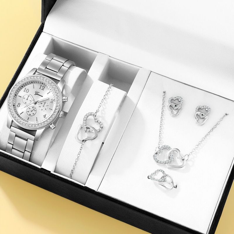 5pcs/set Steel Band Ladies Watch FakeThree Eyes Ladies Casual Quartz Watch Set Orange Box_voghion.com