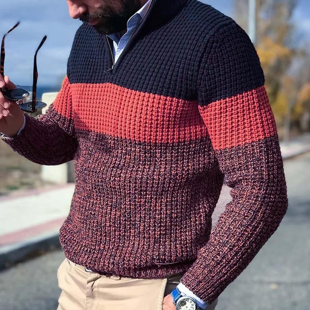 Abbigliamento da uomo Maglione casual da uomo con scollo a V e cerniera - Pullover a blocchi di colore per autunno e inverno (giallo, rosso, grigio) - Vestibilità comoda, lavabile in lavatrice_voghion.com