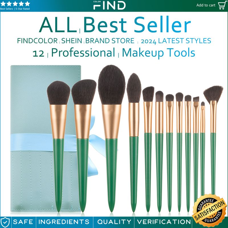 12-teiliges dunkelgrünes, hochwertiges Make-up-Pinsel-Set + Make-up-Pinsel-Tasche, groß, Direktverkauf ab Werk, FINDCOLOR_voghion.com